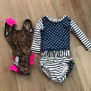 Ruffle Butts Swim Suit Lot Girls Blue Stripe Cheetah 6-12 months bathing suit